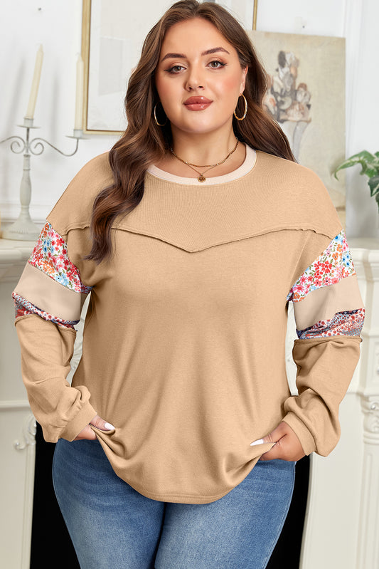 Floral Patchwork Exposed Seam Relaxed Sweatshirt | Plus Size | Khaki | 1X–4X