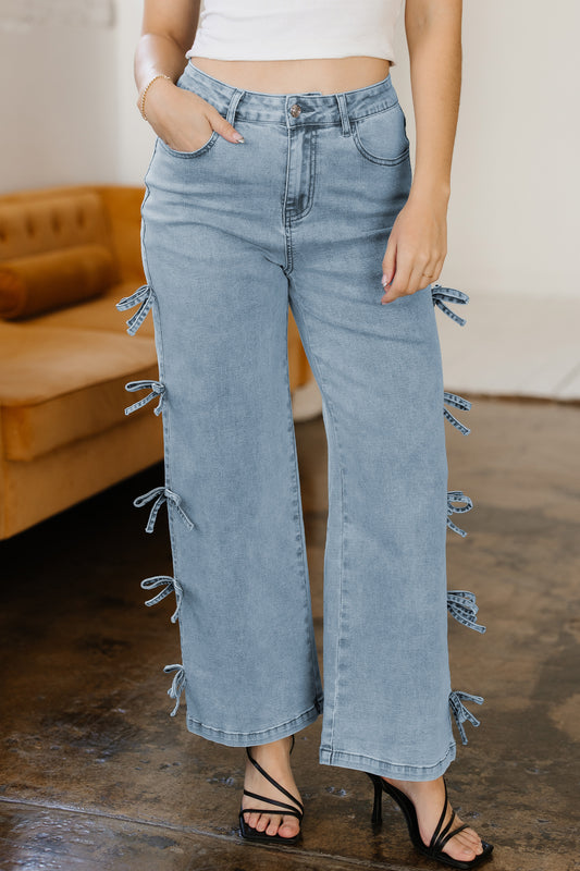 Light Blue Bow Knot Side Detail High Waist Straight Leg Jeans