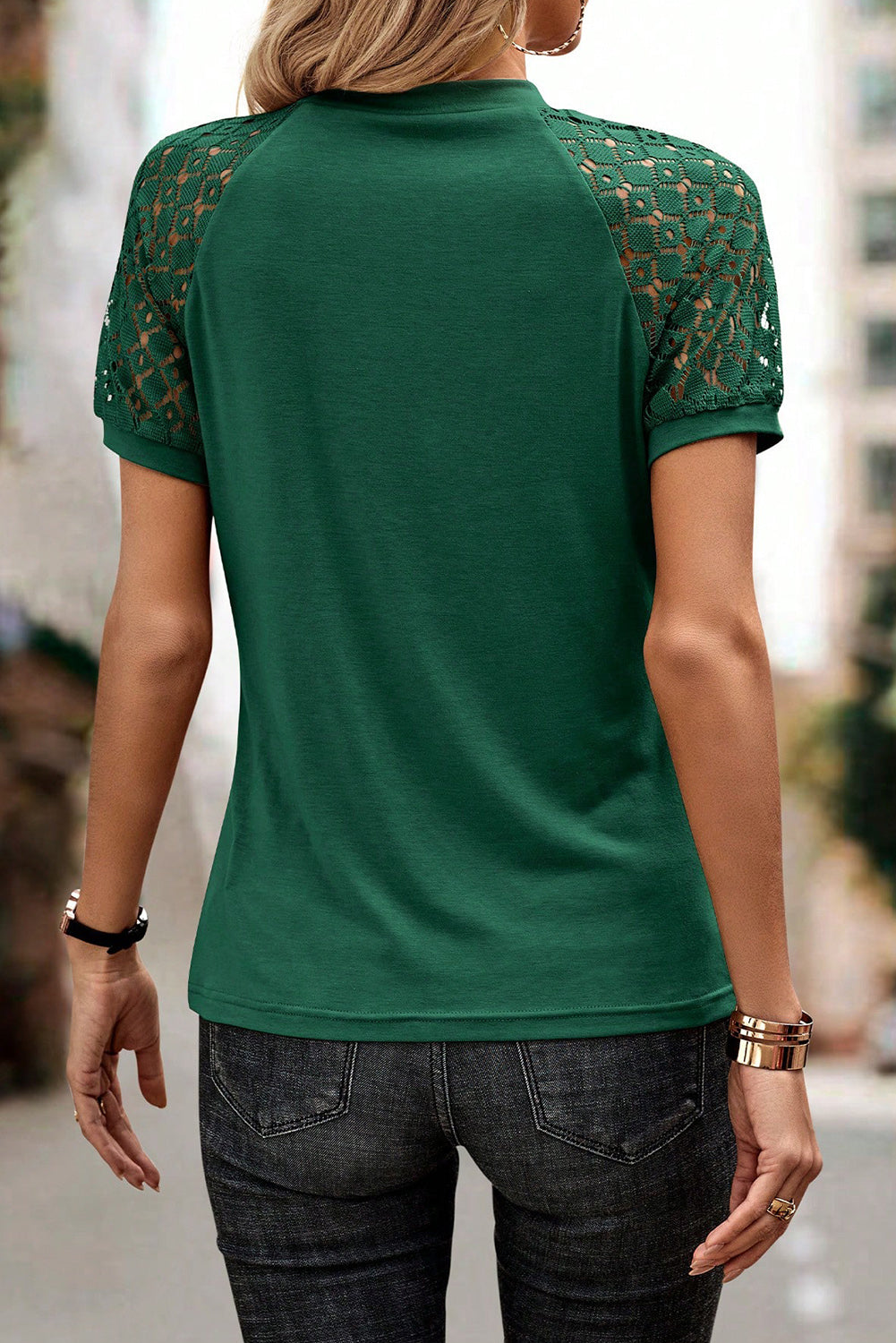Contrast Lace Raglan Sleeve Seamed Detail Top | S–2XL | 5 Colours