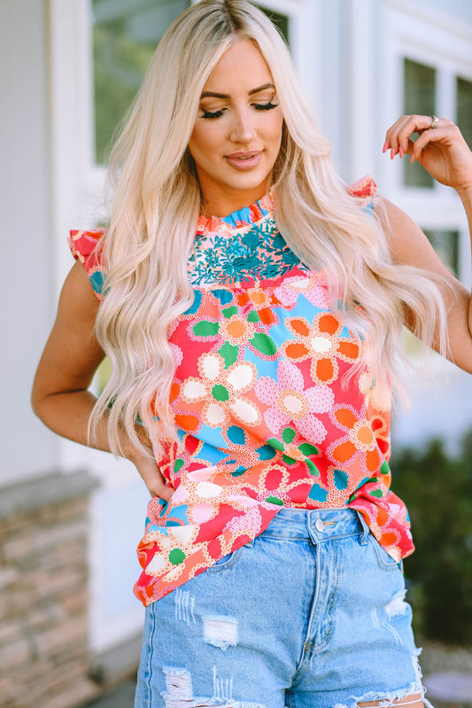 Pink Embroidered Floral Print Ruffle Trim Tank Top
