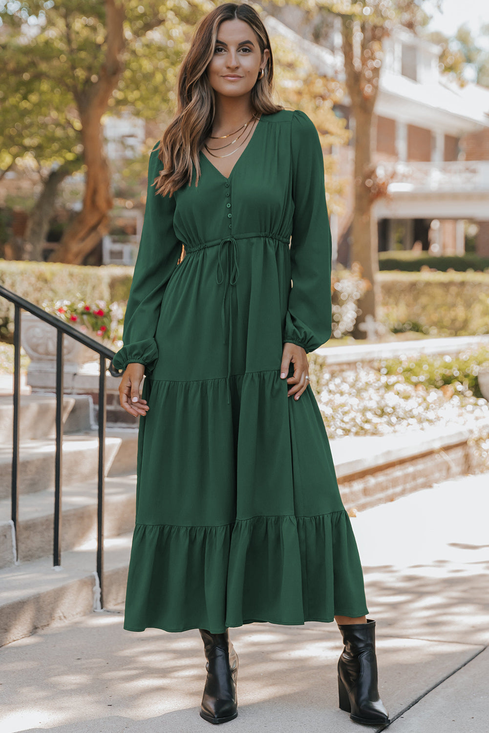 Solid Long Sleeve Button V-Neck Tiered Drawstring Waist Maxi Dress