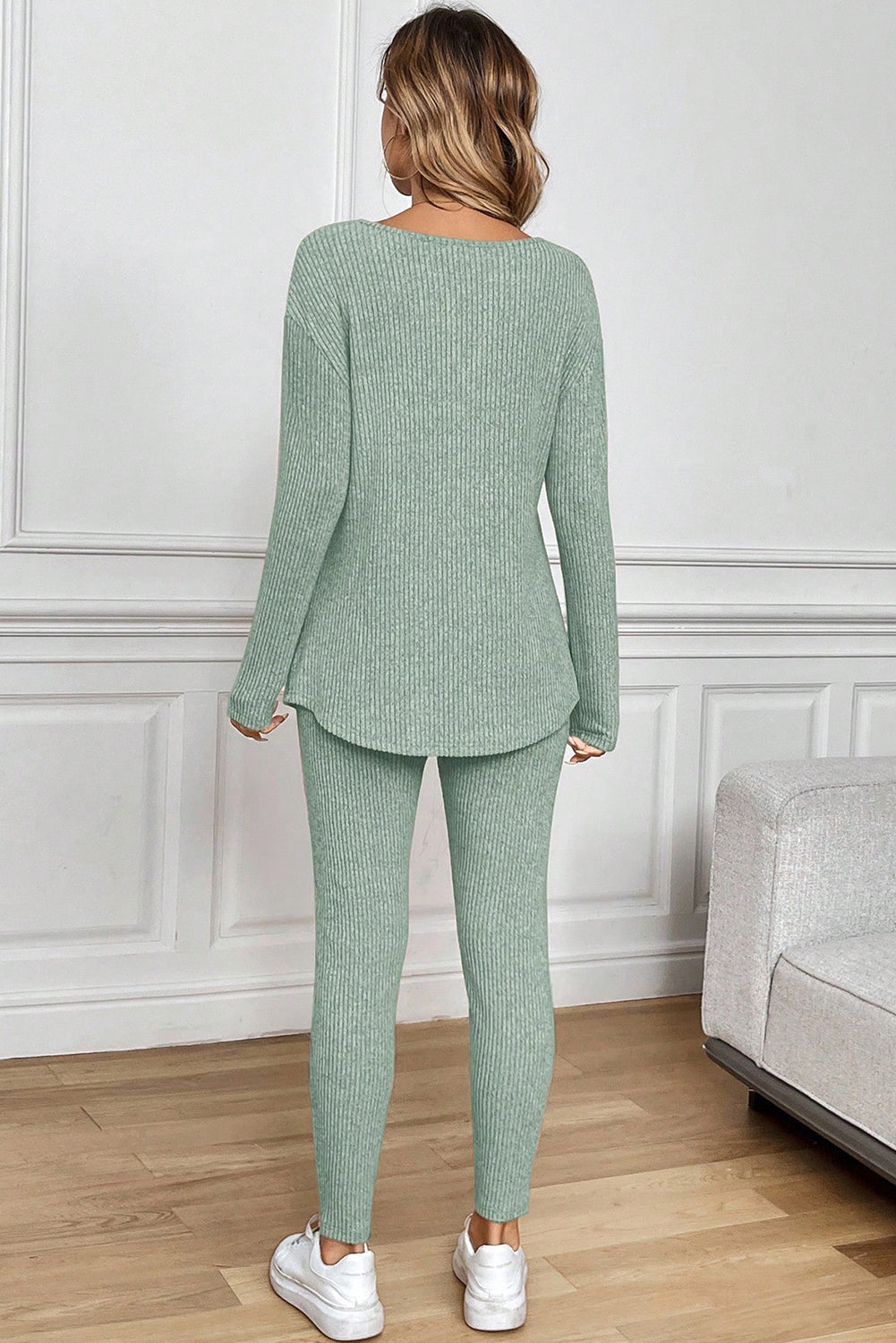 Ribbed Notched Neck Long Sleeve Top & Leggings Lounge Set