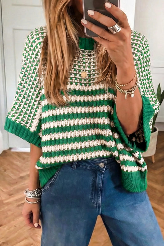 Striped Slouchy Sweater with 3/4 Draped Sleeves | Green Stripe