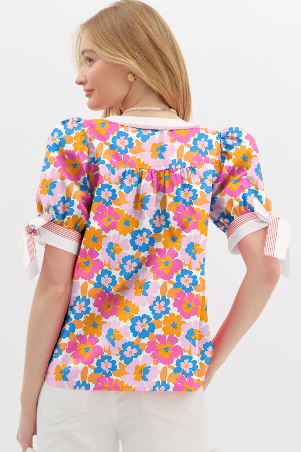 White Floral Colorblock Striped Edge V-Neck Knotted Short Sleeve Blouse – Women's Chic Cotton Top (S–XL)