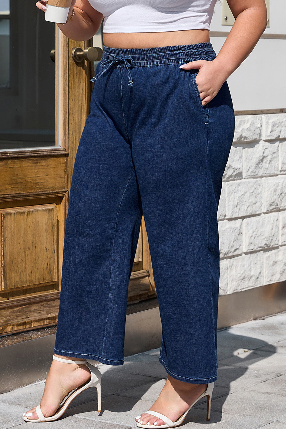 Drawstring High Waist Wide Leg Ankle Jeans – Plus Size Dark Blue 1X–4X