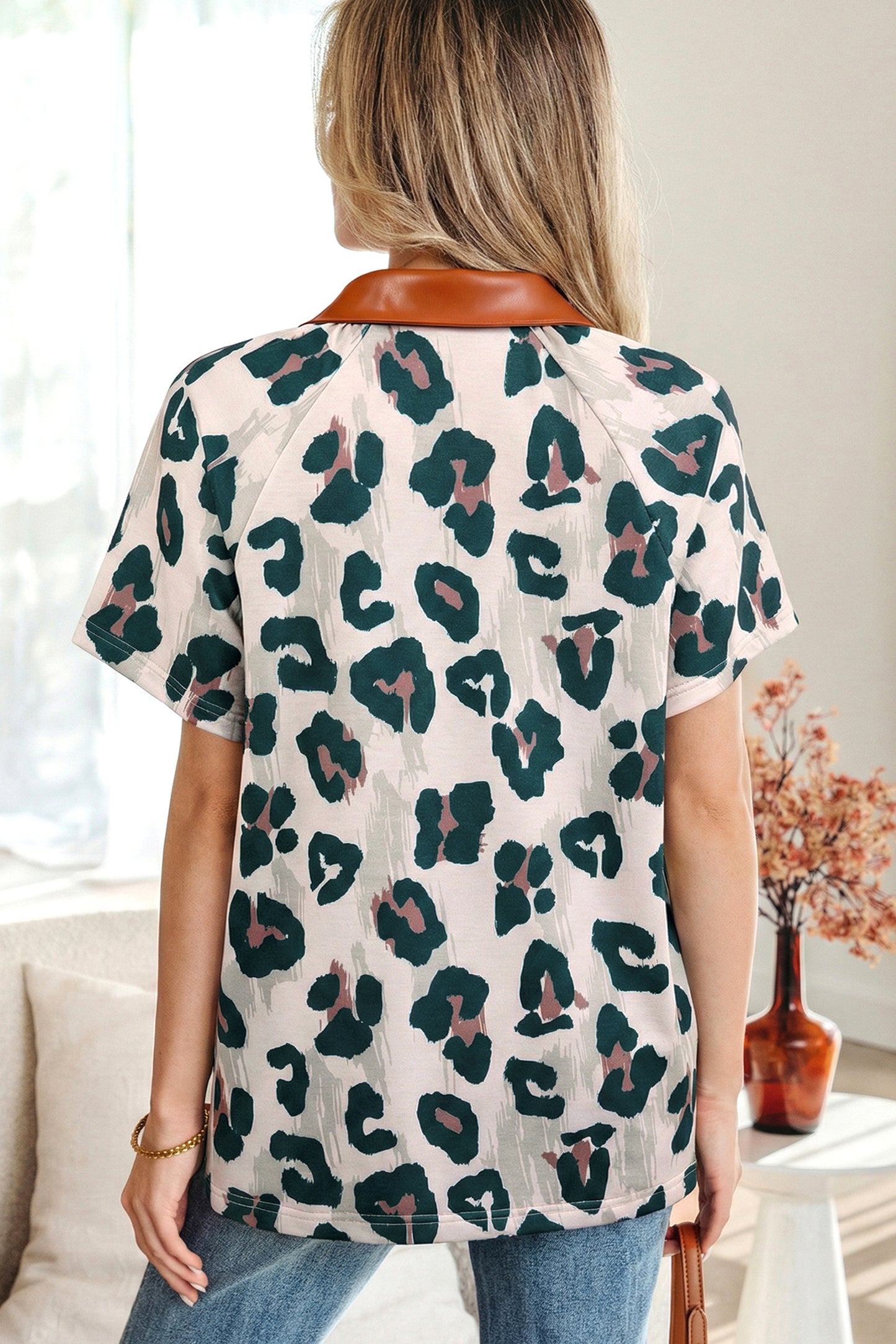 Leopard Print Contrast Collar Button Short Sleeve Blouse | S–XL