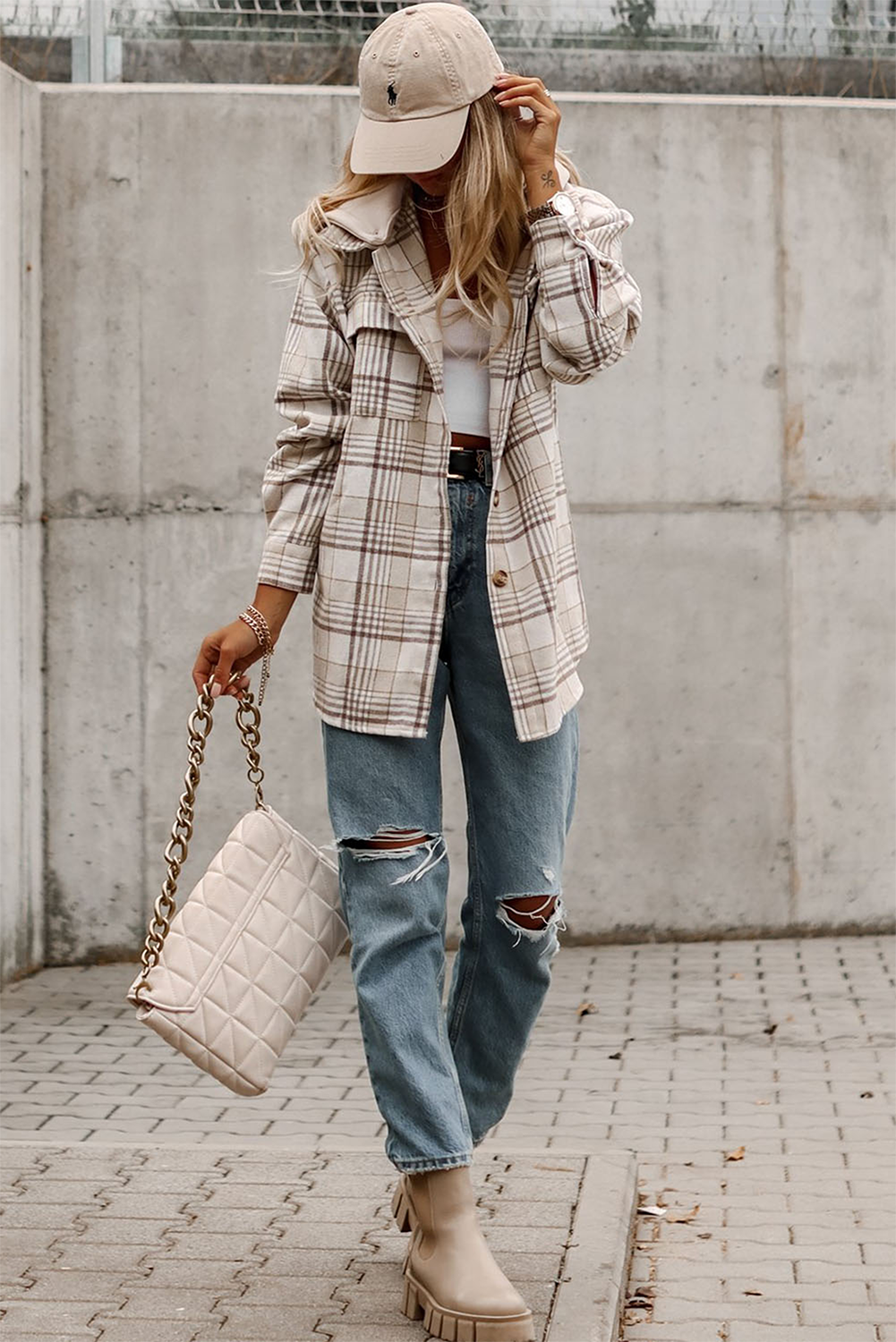 Khaki Plaid Removable Hood Chest Pocket Buttoned Shacket