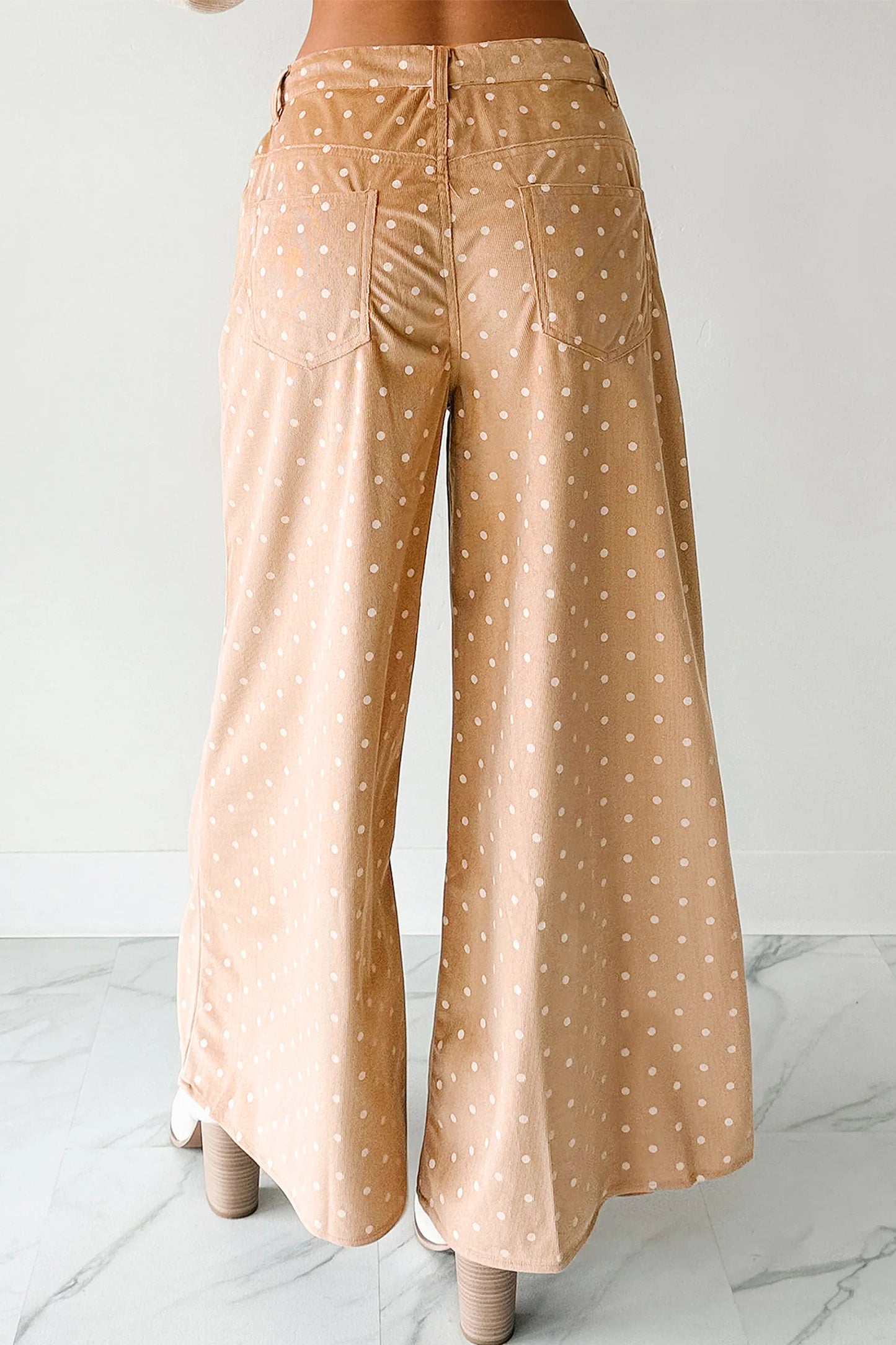 Cream Polka Dot Print Drawstring Wide Leg Pants