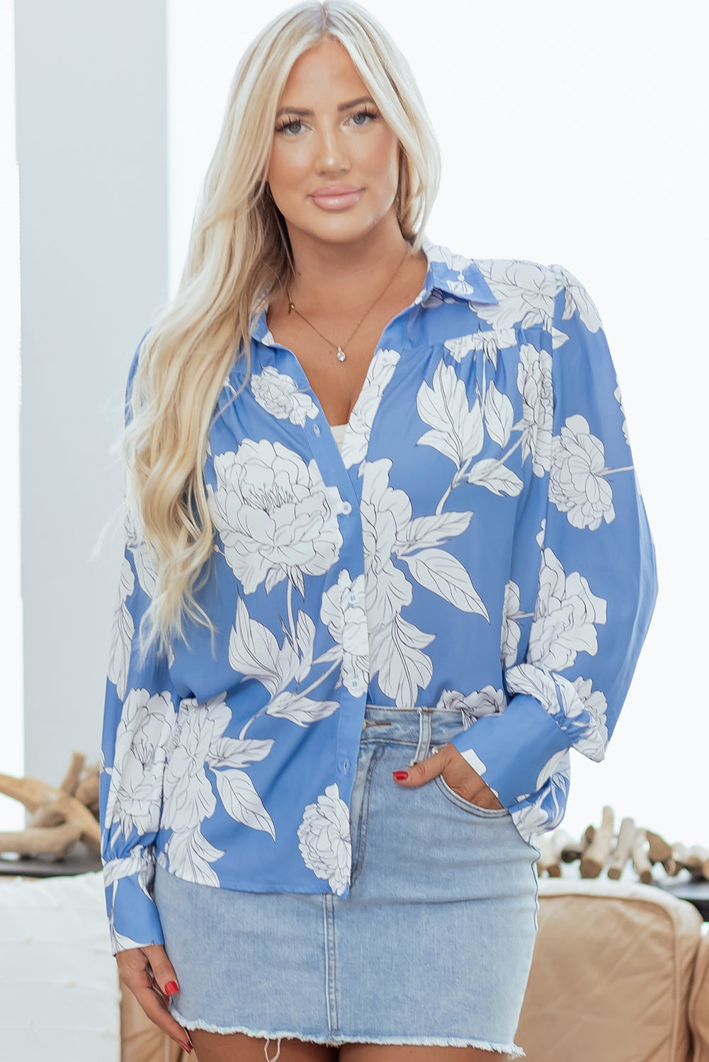 Blue Floral Blouse Women S–XL