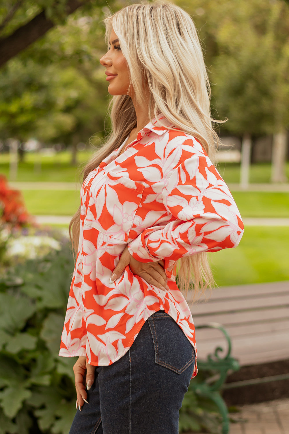 Orange Floral Blouse Women S–XL