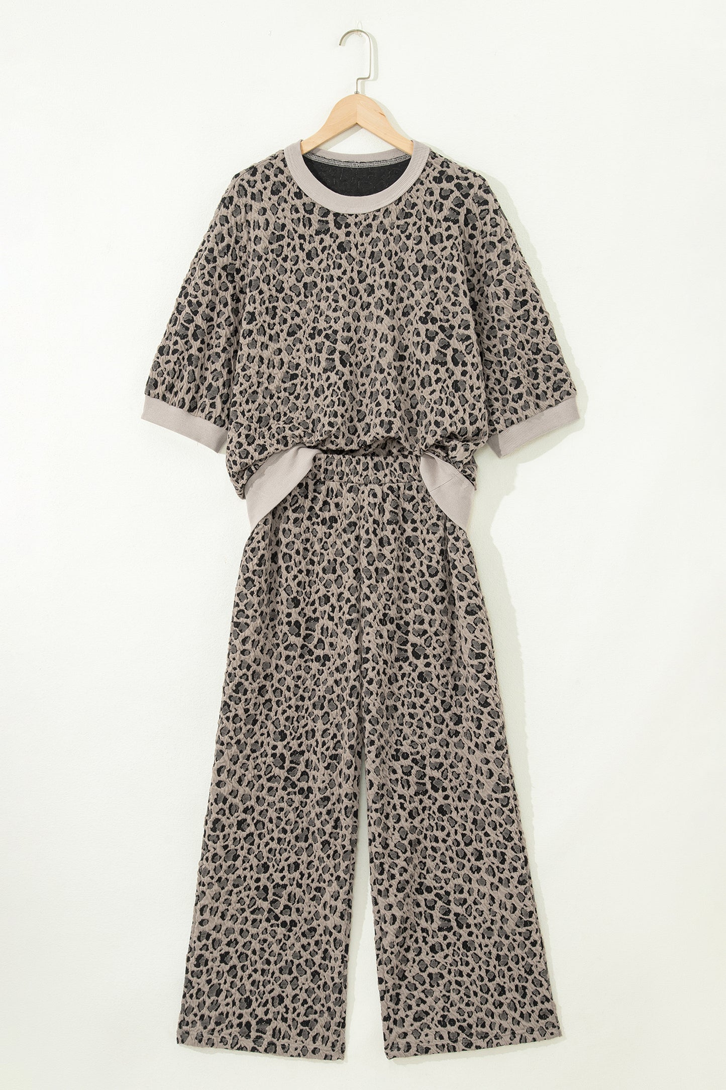 Leopard Jacquard Puff Sleeve Top and Wide Leg Pant Set in Khaki