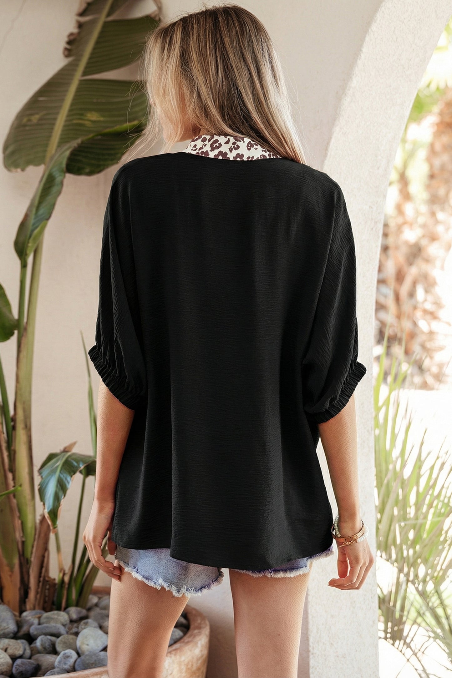Black Dolman Half Sleeve Leopard Patchwork Trim V-Neck Blouse | S–XL