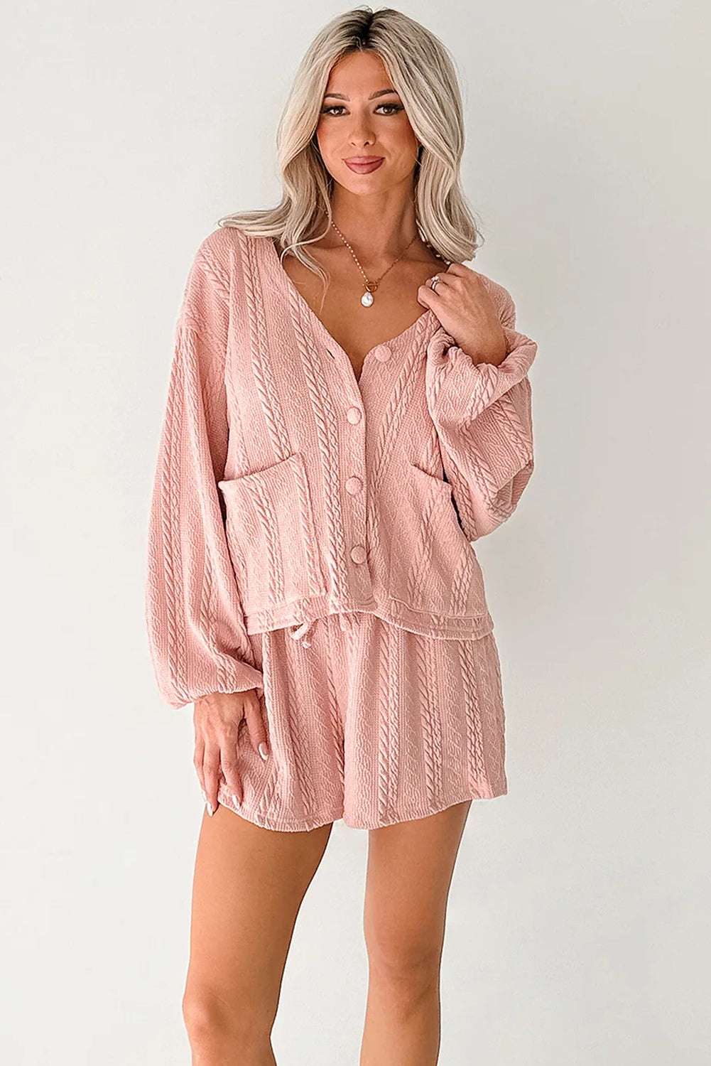 Pink Cable Knit V-Neck Cardigan and Shorts Set