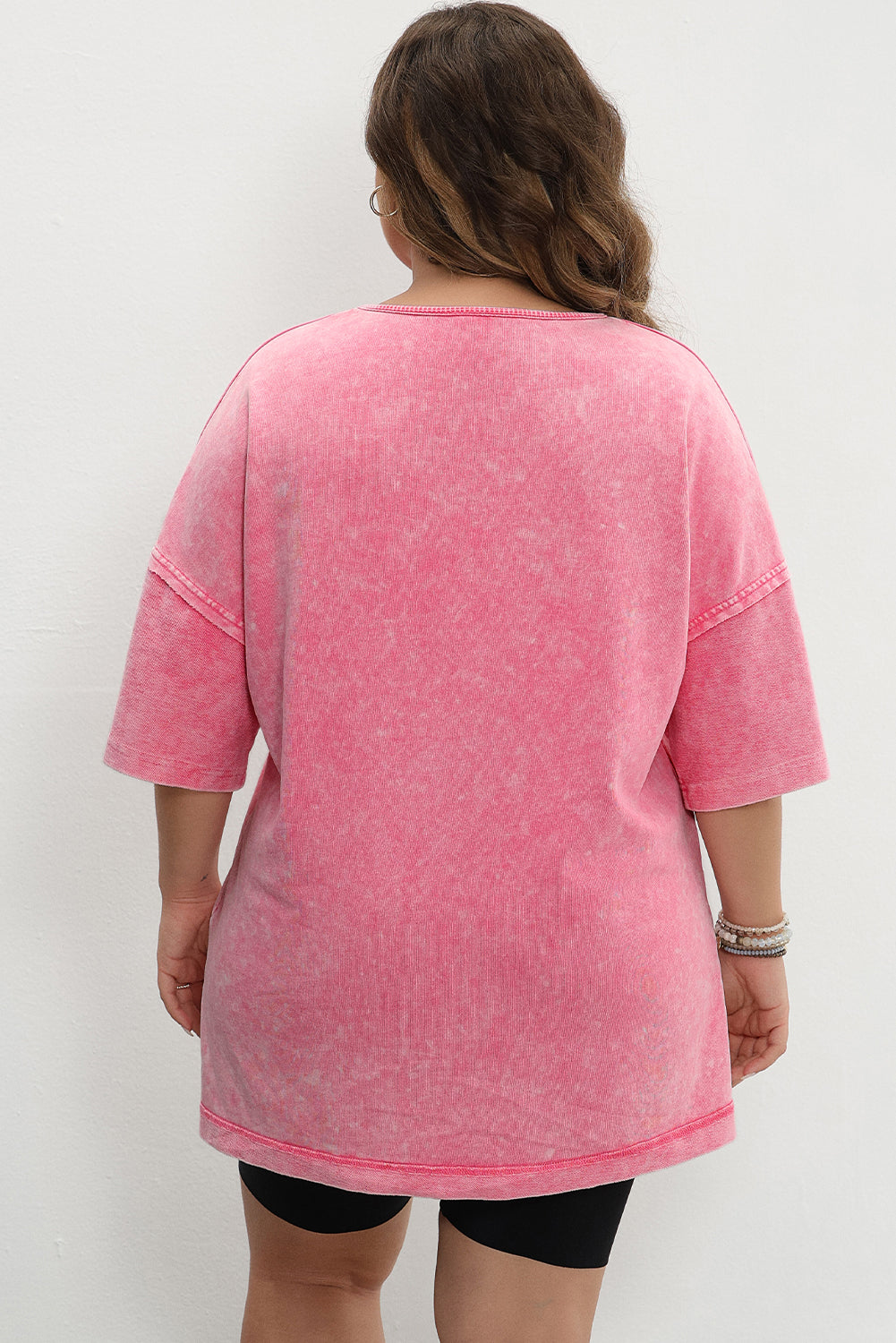 Mineral Wash Patchwork Drop Sleeve Tee | Plus Size | Strawberry Pink | 1X–3X