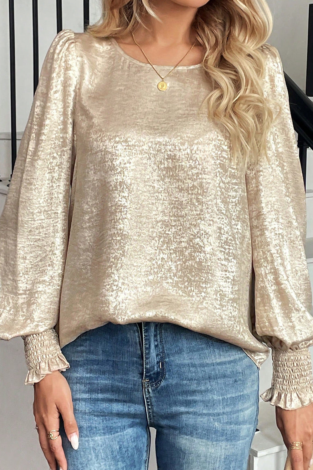 Metallic Shimmer Smocked Balloon Sleeve Blouse