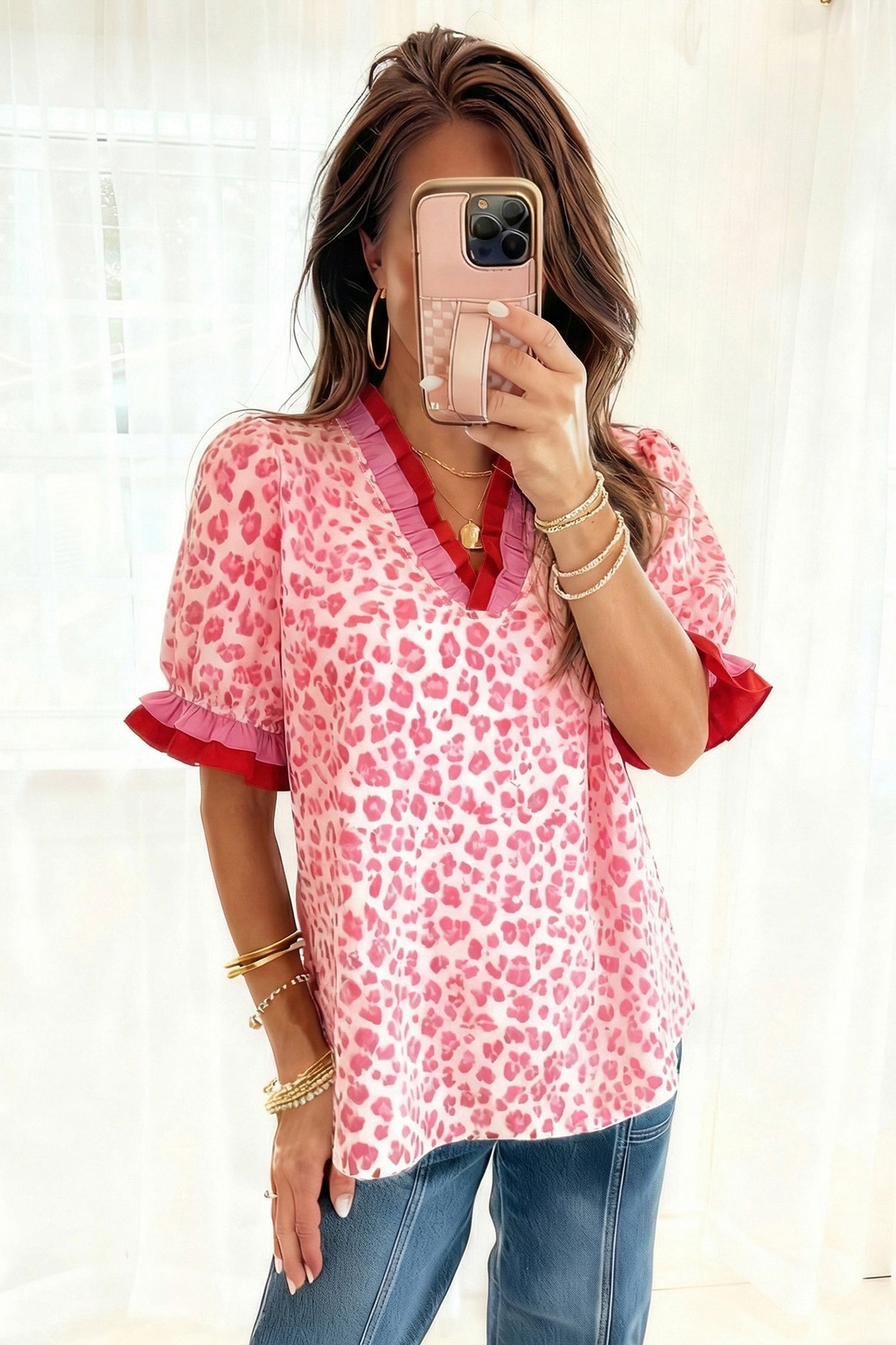 Leopard Print Ruffle Trim V-Neck Blouse