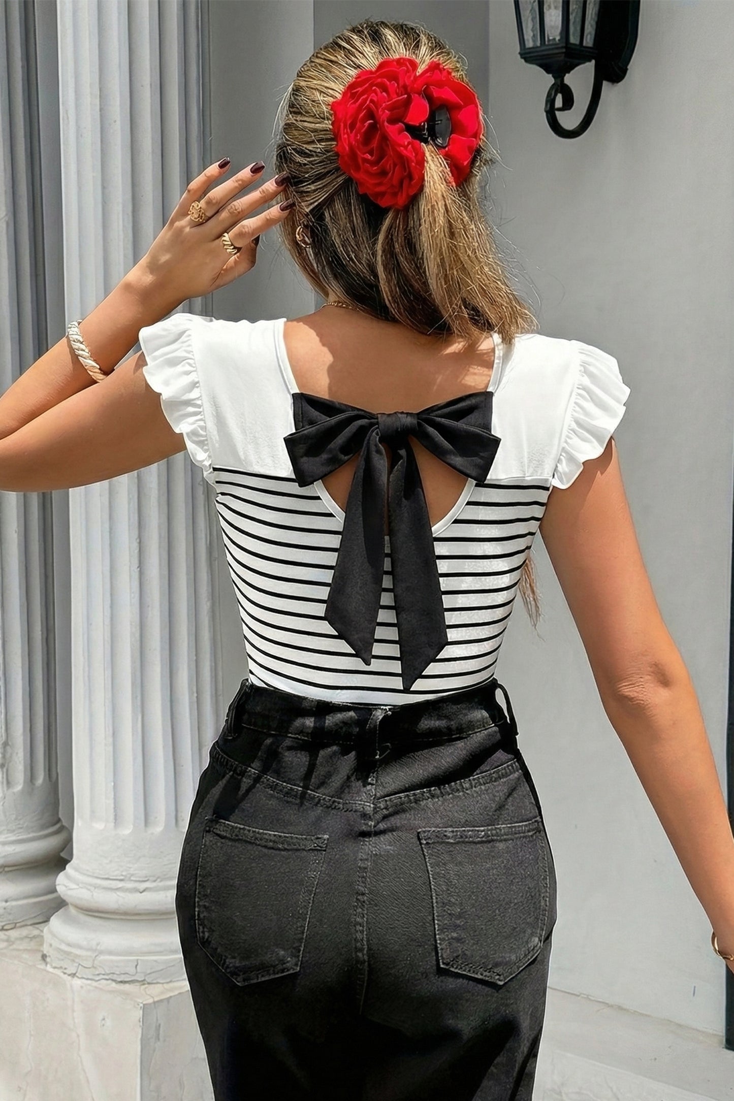 White Striped Ruffle Blouse Women S–XL