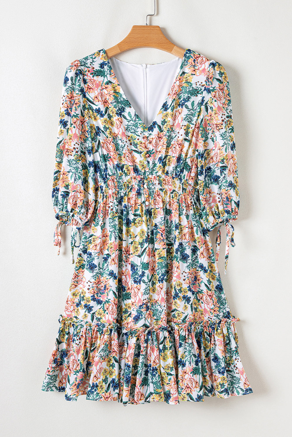 Floral 3/4 Sleeve V-Neck High Waist Ruffled Dress – Sky Blue Women S–XL