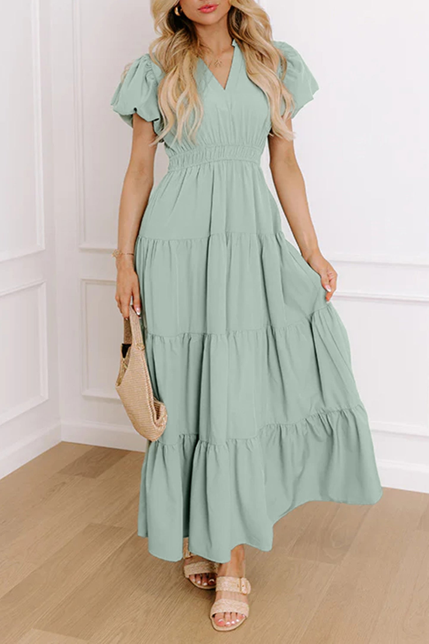 V-Neck Puff Sleeve High Waist Tiered Maxi Dress | 5 Colours | S–XL