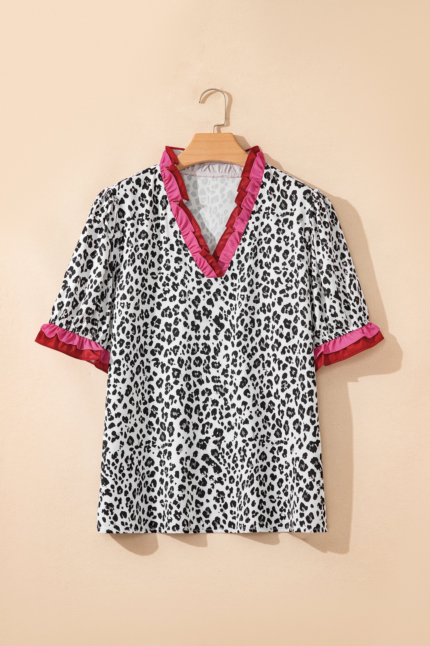 Leopard Print Ruffle Trim V-Neck Blouse