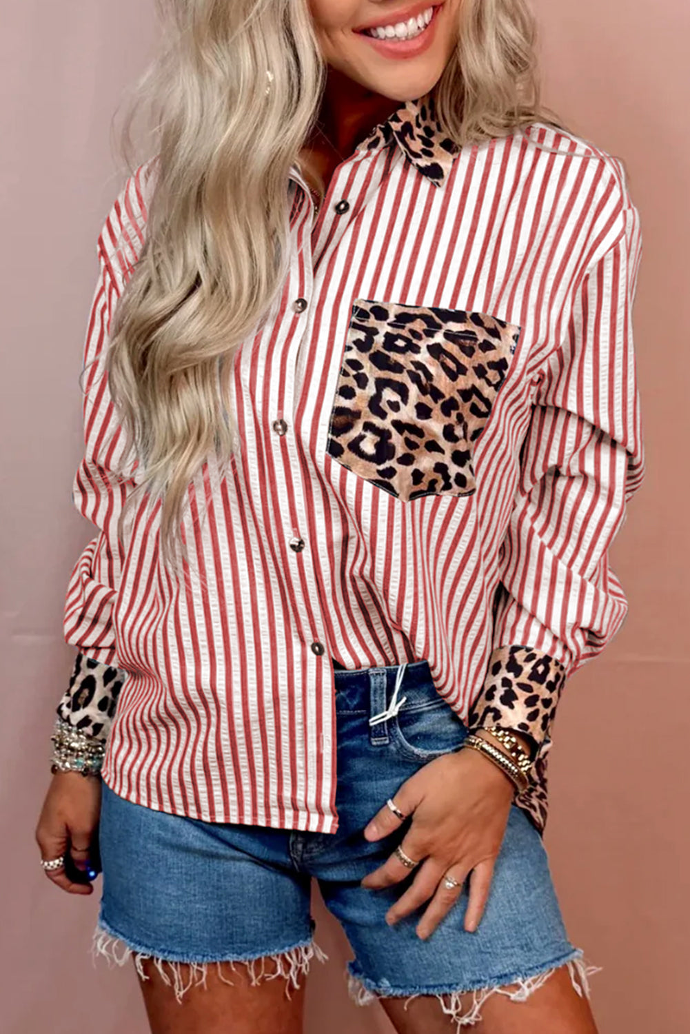 Striped Leopard Print Patchwork Button-Up Shirt