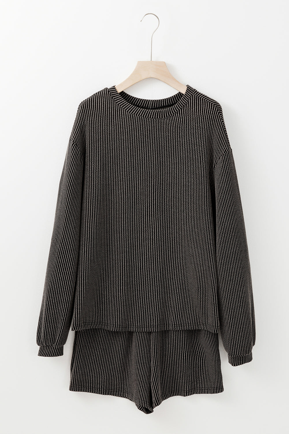 Corded Knit Long Sleeve Top High Waist Shorts Set