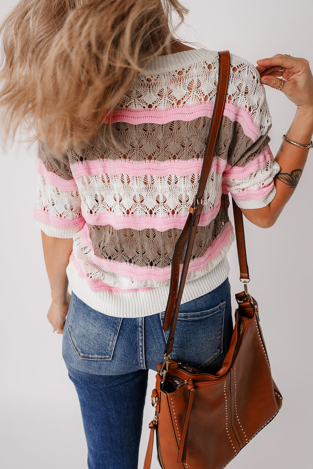 Striped Color Block Crochet Hollow-Out Half-Sleeve Sweater | Brown Stripe