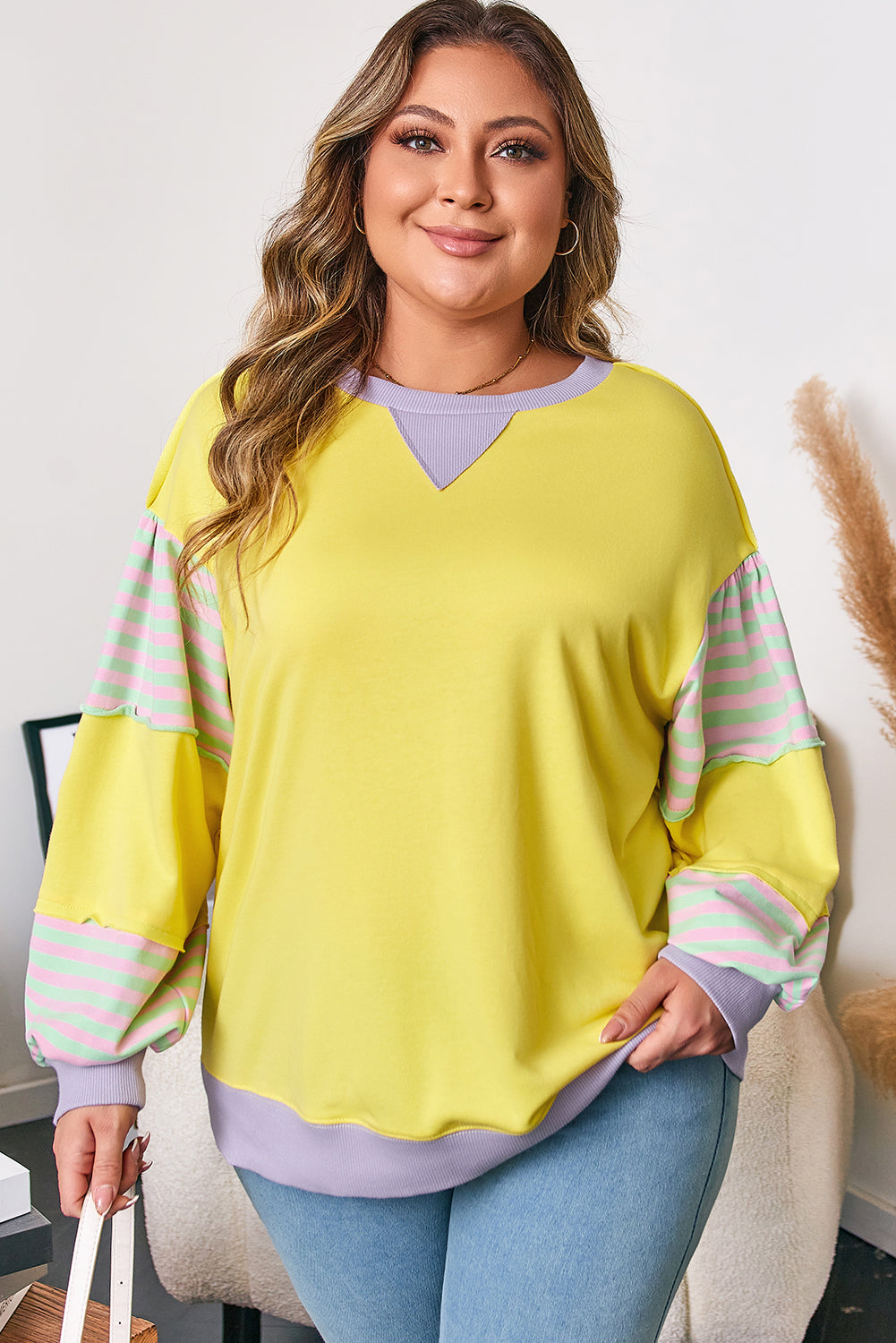Yellow Crewneck Sweatshirt with Stripe Sleeve Detail – Plus Size 1X–4X