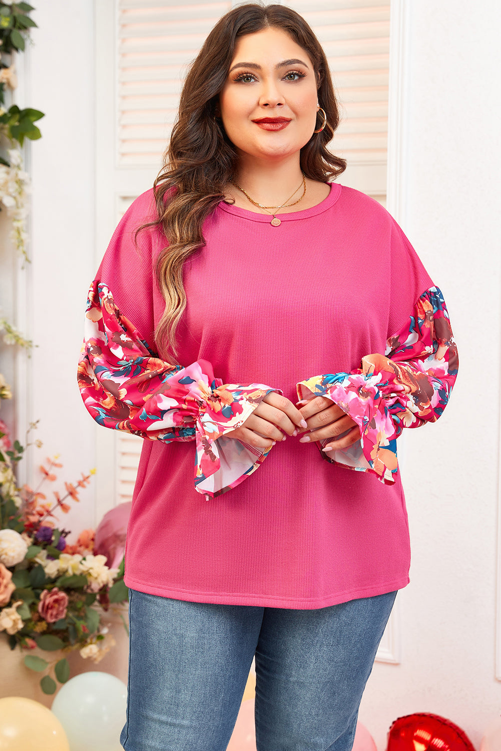 Floral Patchwork Flounce Sleeve Ribbed Knit Top – Bright Pink Plus Size 1X–4X