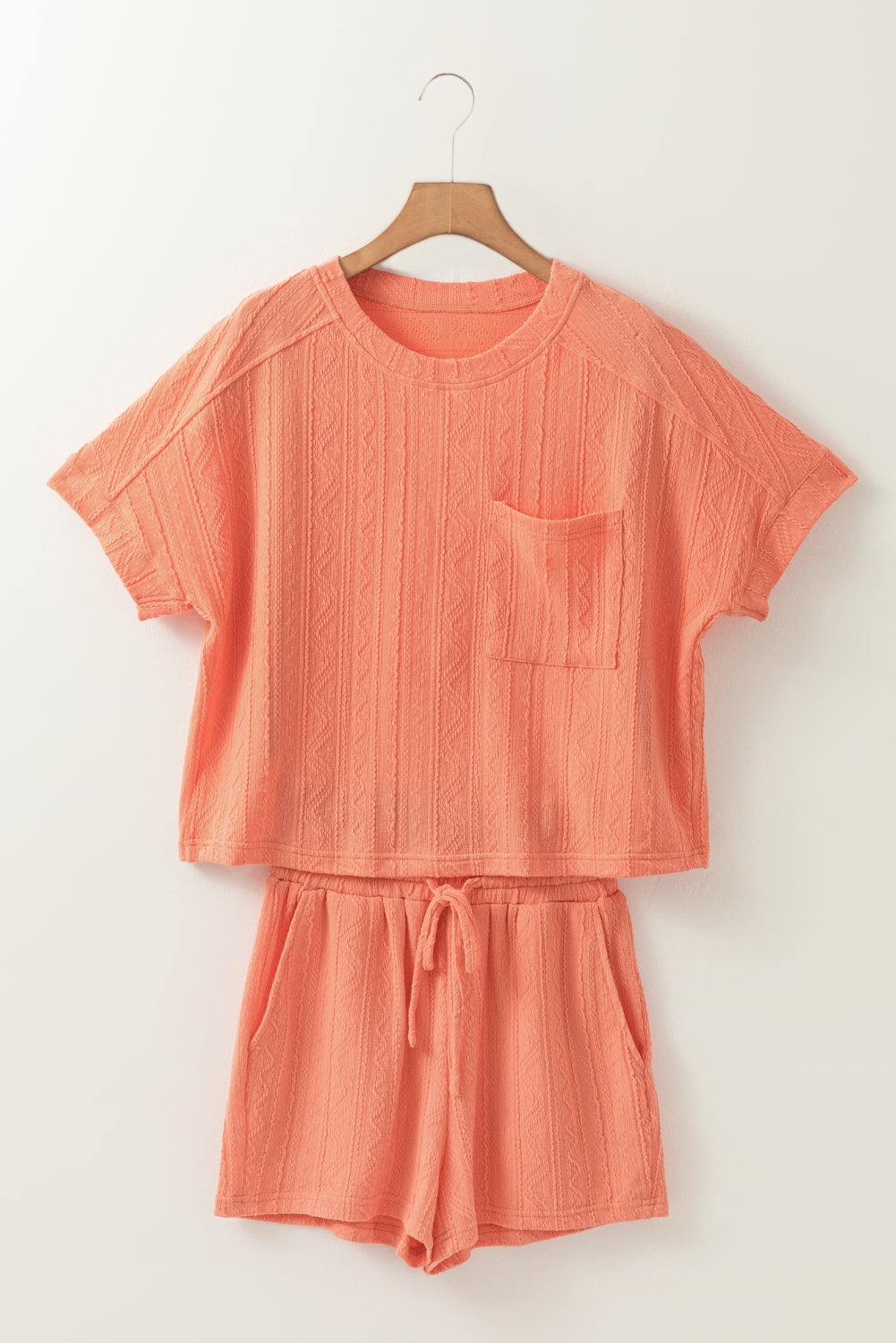 Textured Patched Pocket Short Sleeve Top & Drawstring Shorts Set