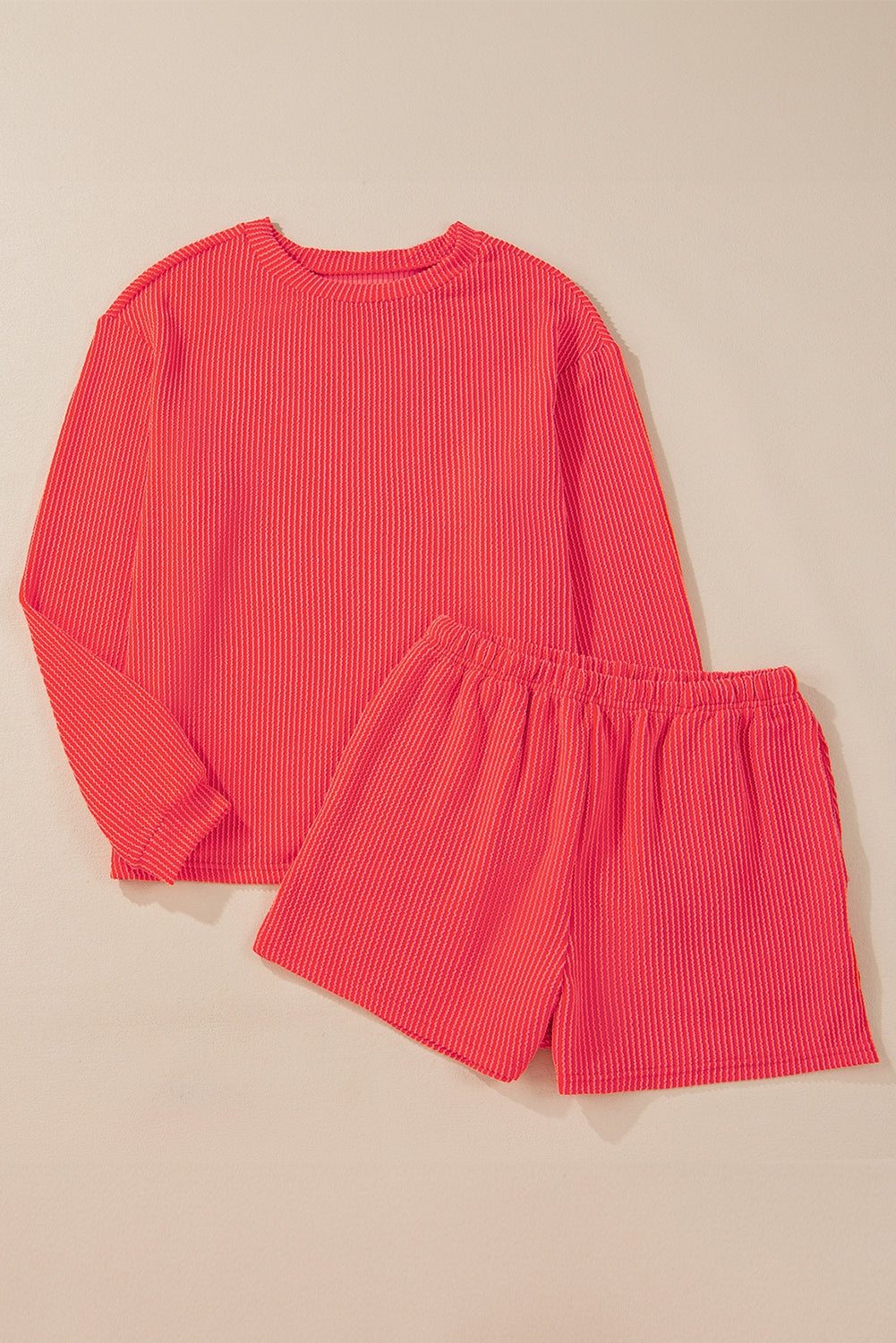 Corded Knit Long Sleeve Top High Waist Shorts Set