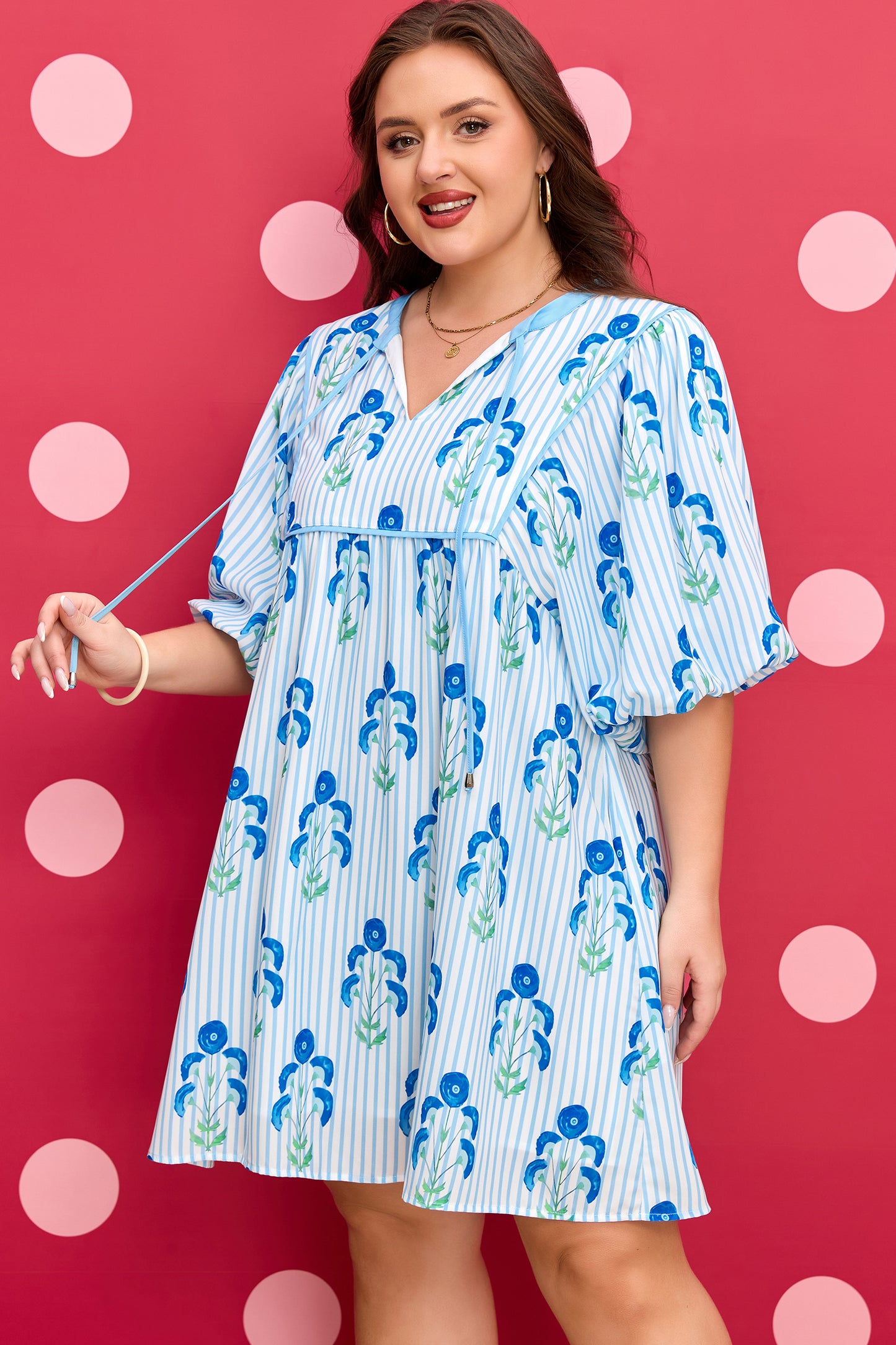 Plus Size Light Blue Floral Bubble Sleeve Dress 1X–4X