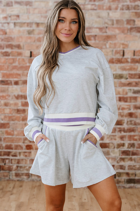 Light Grey Contrast Striped Bands Cropped Pullover Athletic Short Set