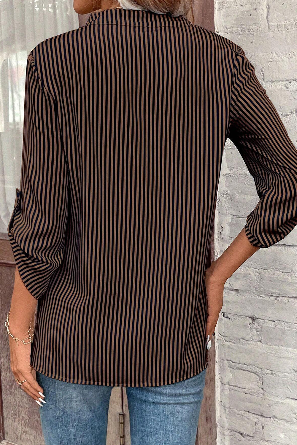 Striped V-Neck Roll-Up Sleeve Patch Pocket Shirt | Brown | S–XL
