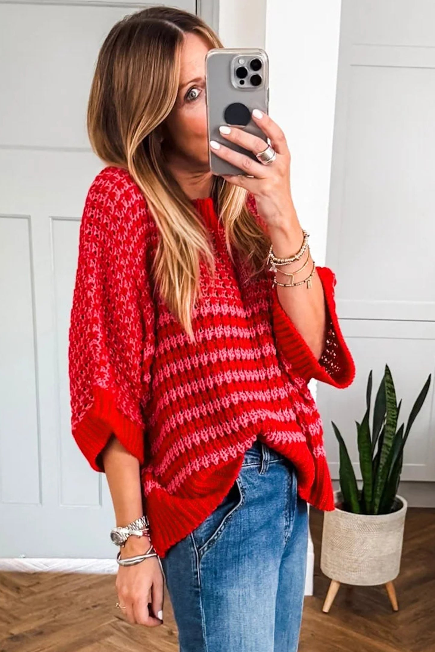 Striped Slouchy Sweater with 3/4 Draped Sleeves | Red Stripe