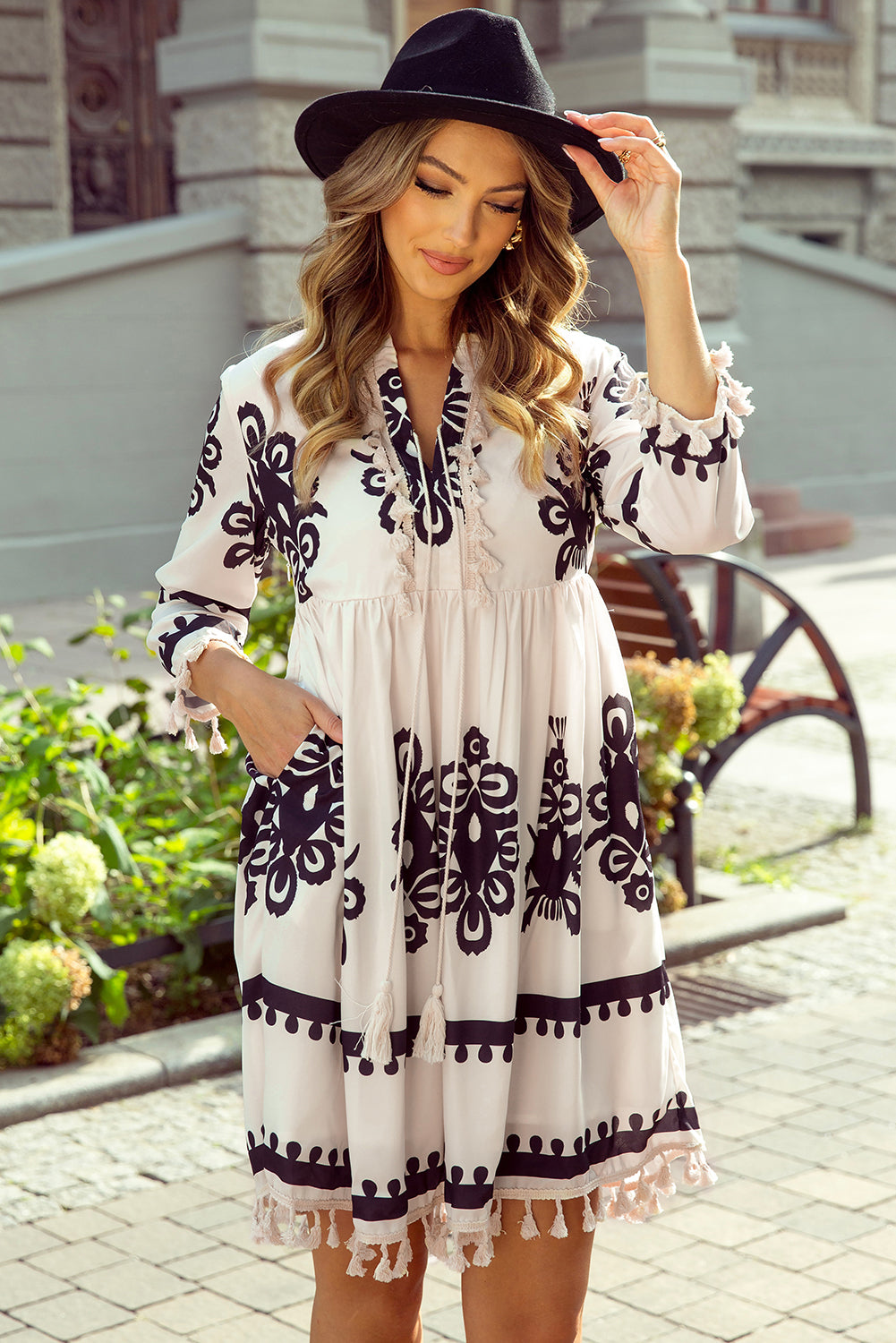 Western Pattern Print Tasseled V-Neck Mini Dress – Beige Women S–XL