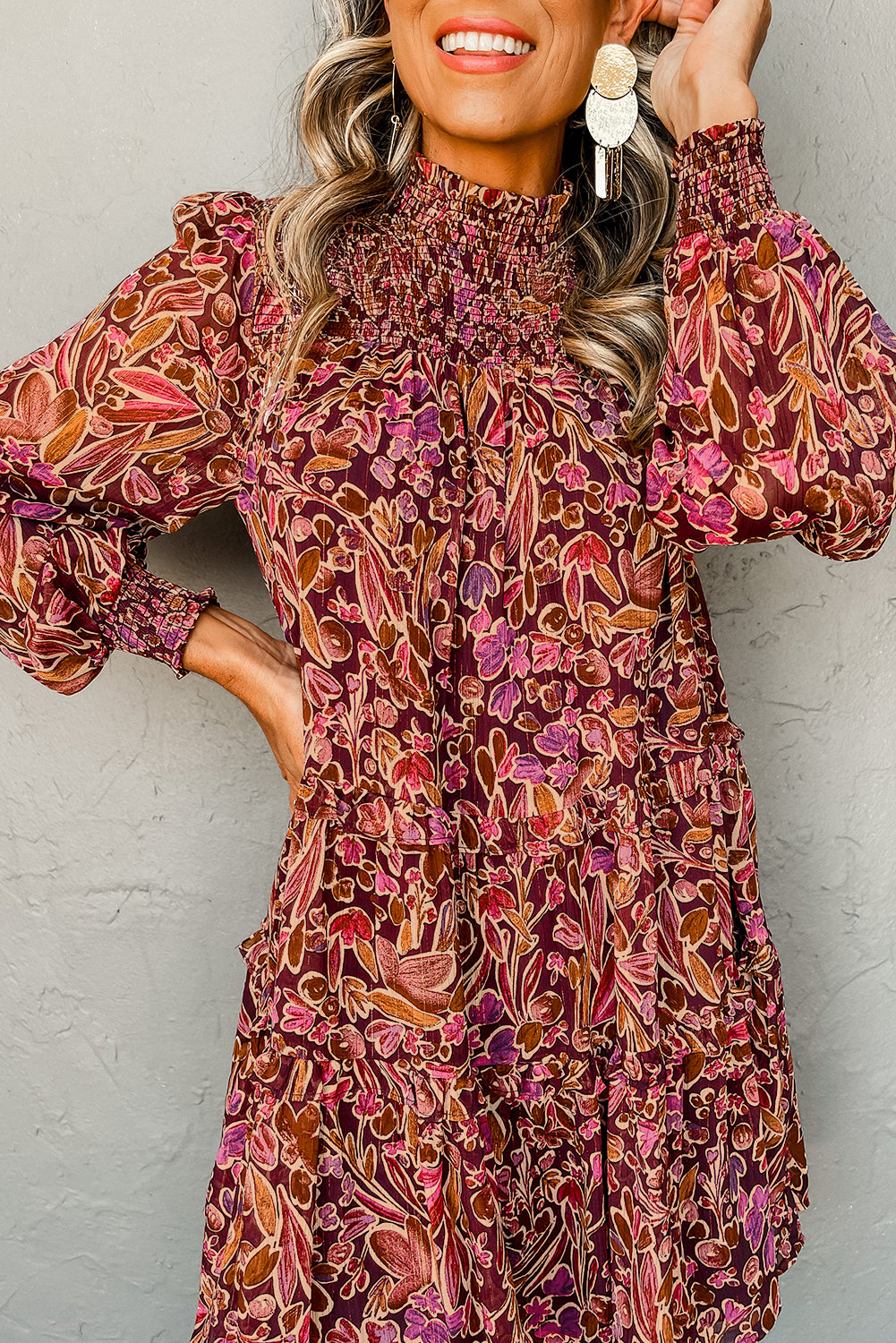 Floral Print Long Sleeve Shirred High Neck Loose Mini Dress