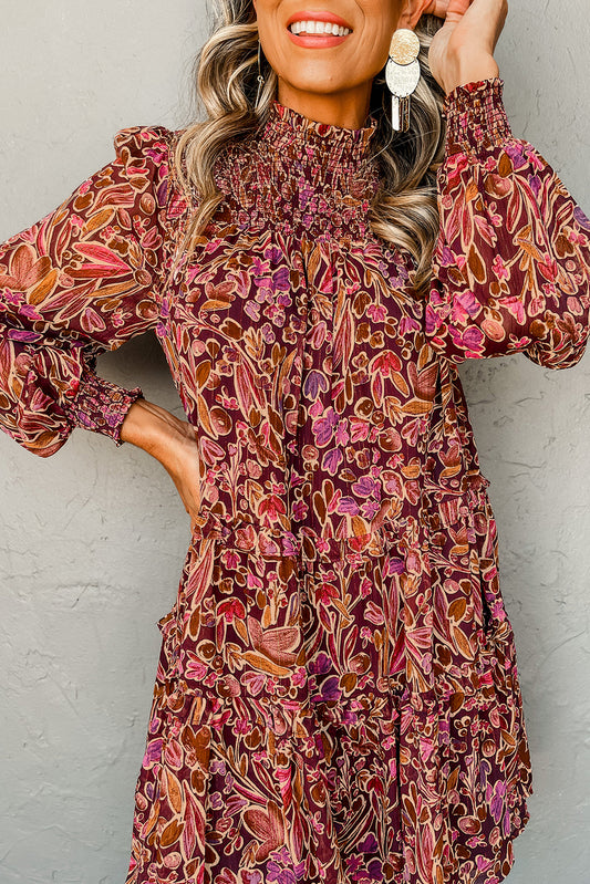Floral Print Long Sleeve Shirred High Neck Loose Mini Dress