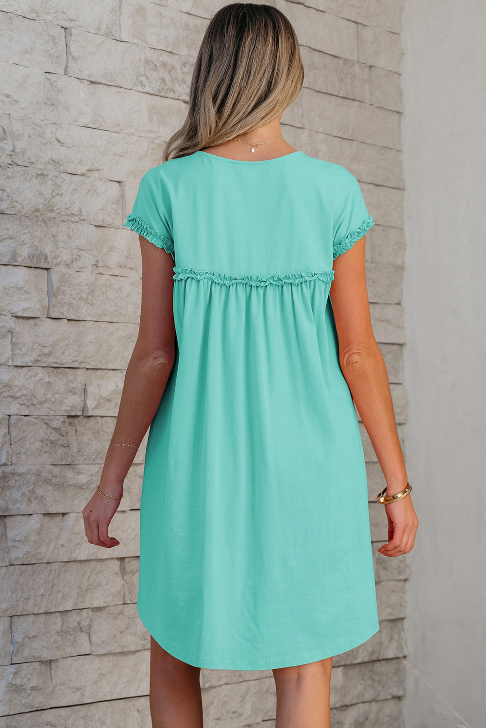 Mint Green & Oatmeal Frilled Trim Crew Neck Loose Fit Mini Dress