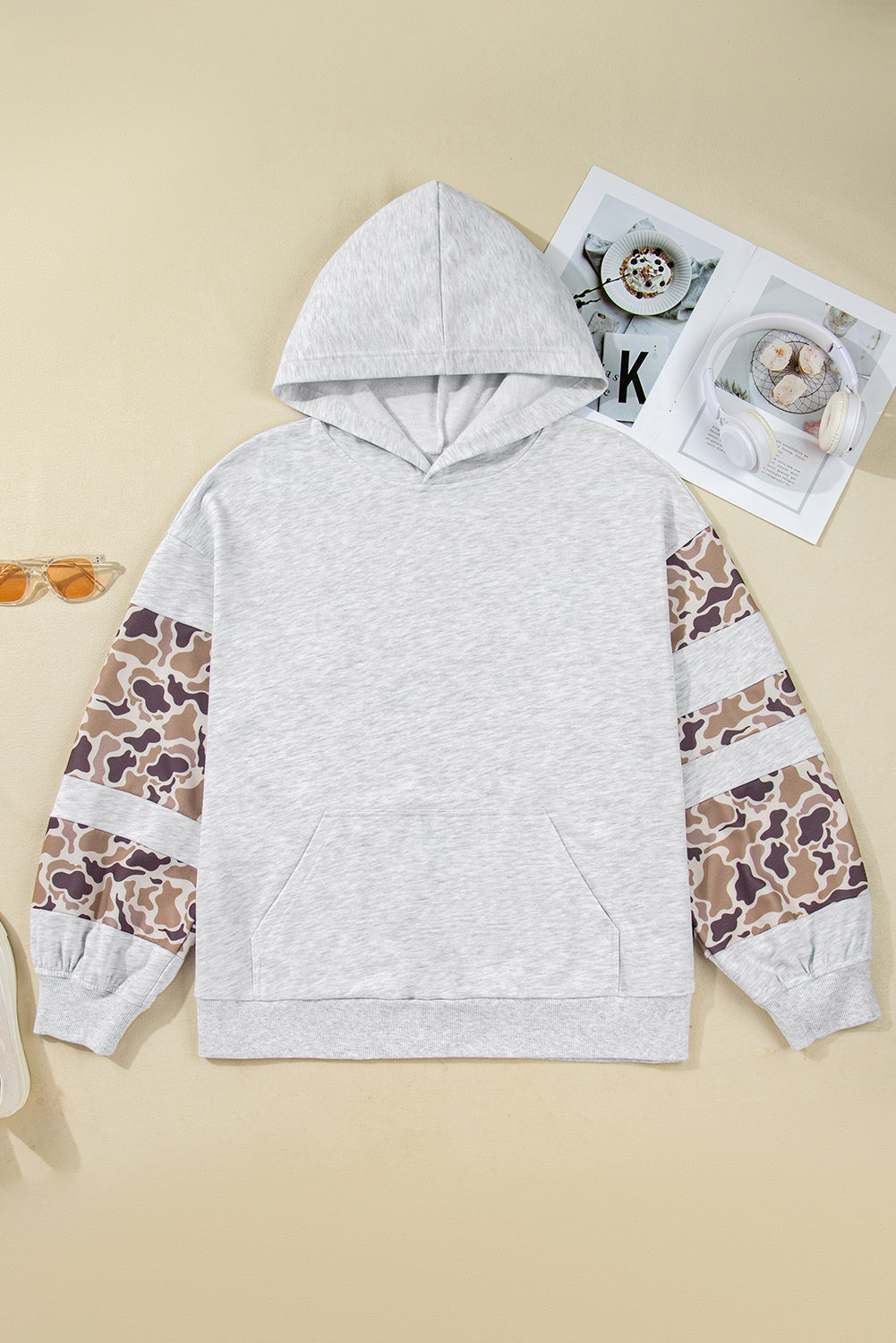 Camo Patchwork Asymmetric Sleeve Hoodie | Plus Size | Light Grey | 1X–4X