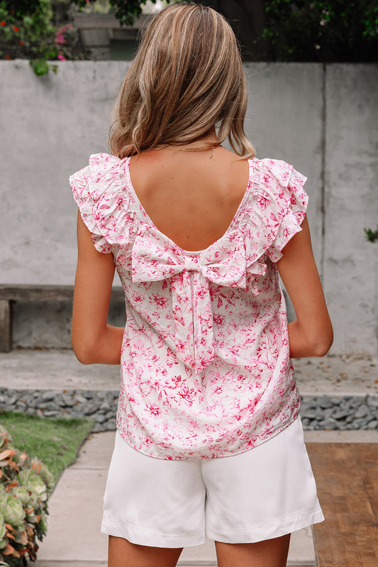 Pink Floral Ruffled Short Sleeve Bow Back Square Neck Blouse – Women's Summer Top