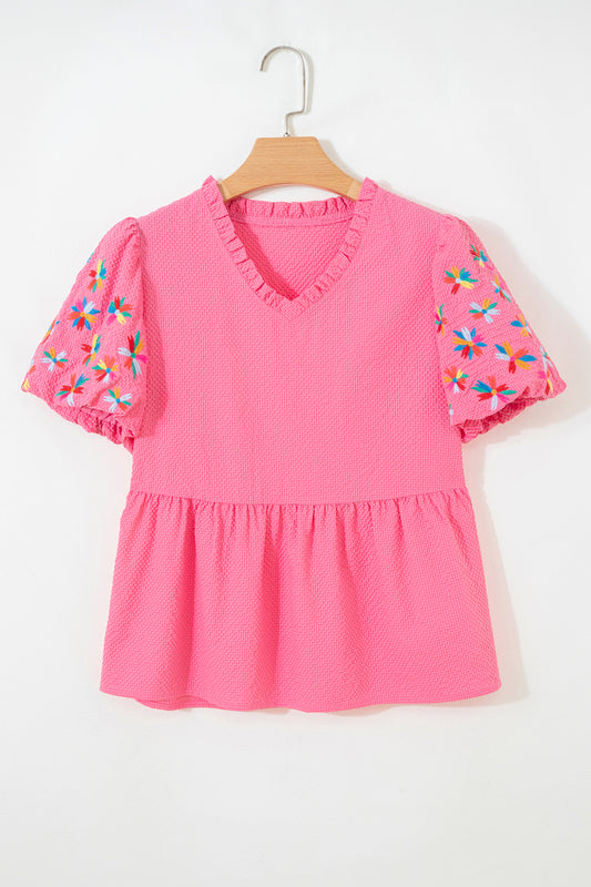 Pink Flower Embroidered Puff Sleeve Frilled V-Neck Babydoll Blouse | S–XL