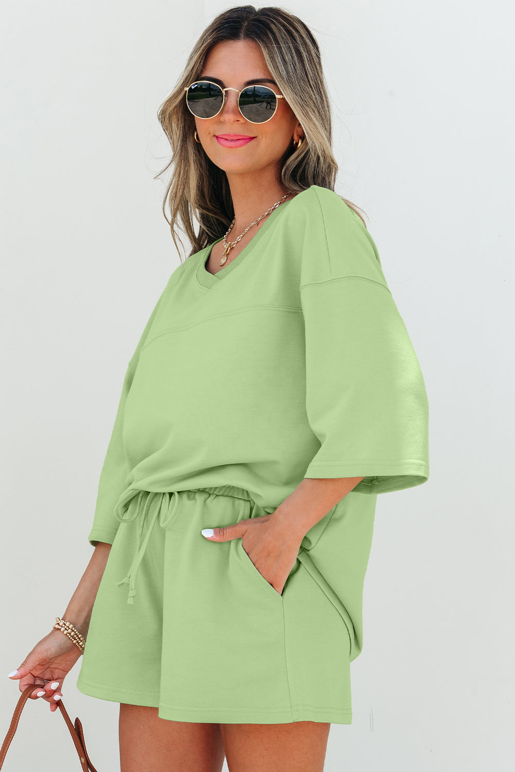 Loose V-Neck Half Sleeve Tee Drawstring Shorts Set