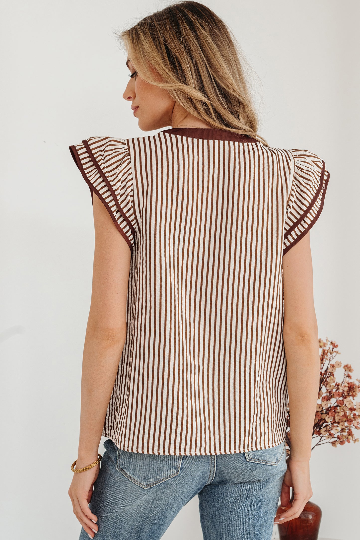 Striped Ruffle Sleeve V-Neck Blouse – Women S–XL