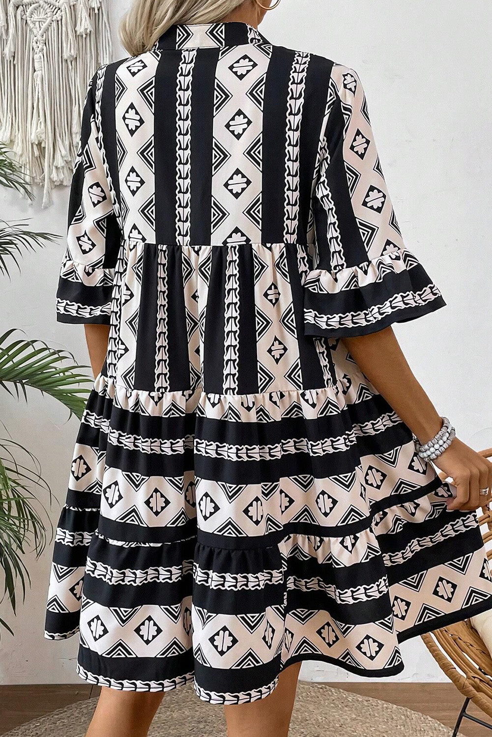 Geometric Print V-Neck Ruffle Sleeve High Waist Dress | Black | S–XL