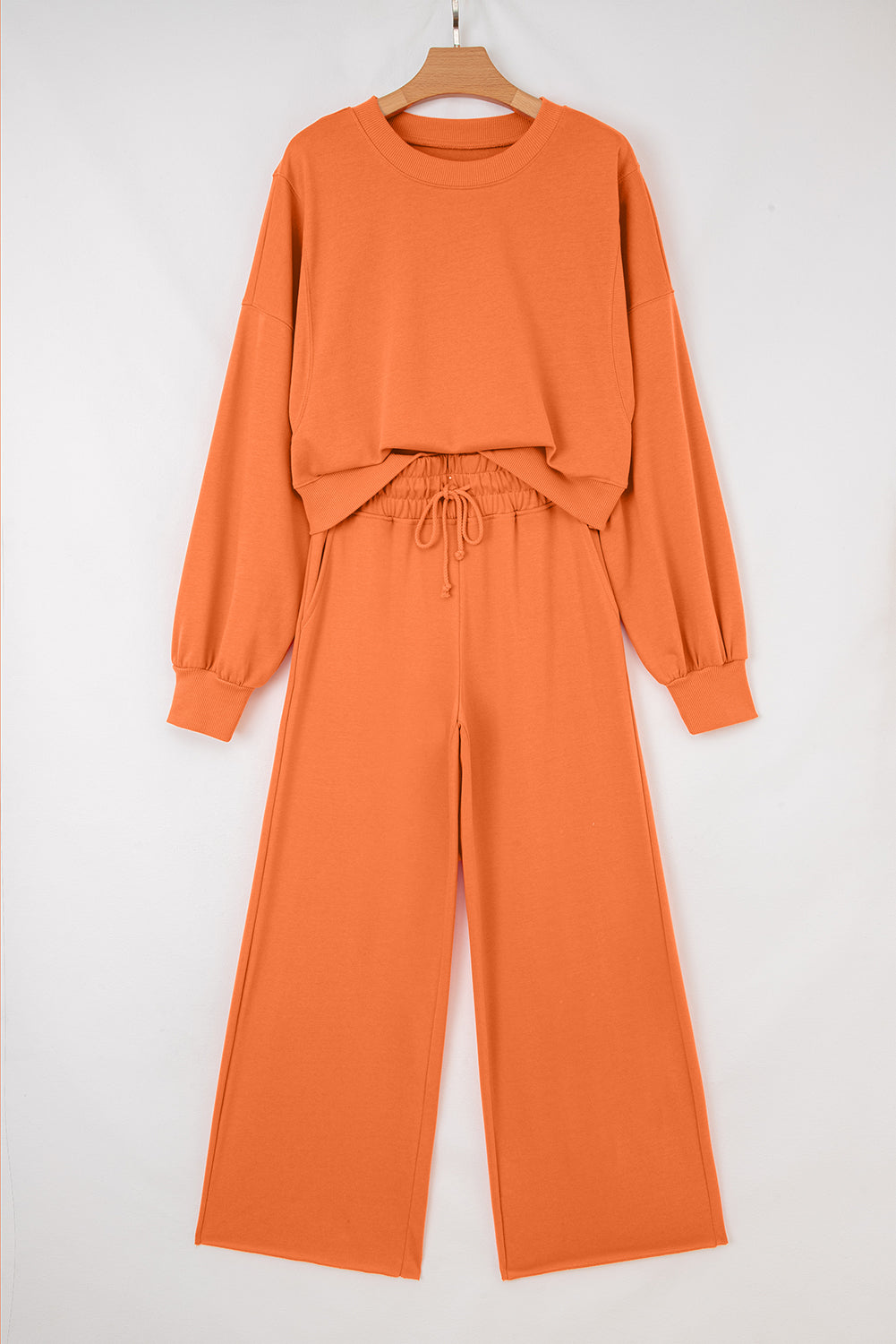 Drop Shoulder Puff Sleeve Crop Pullover & Wide Leg Pants Set