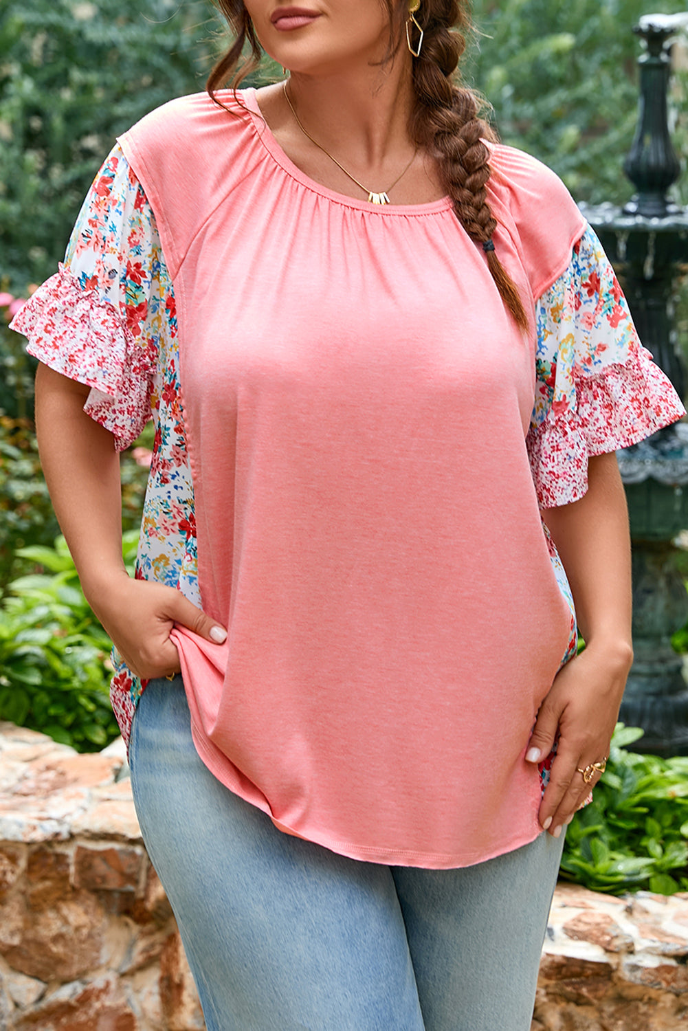 Plus Size Floral Patchwork Ruffled Short Sleeve Blouse