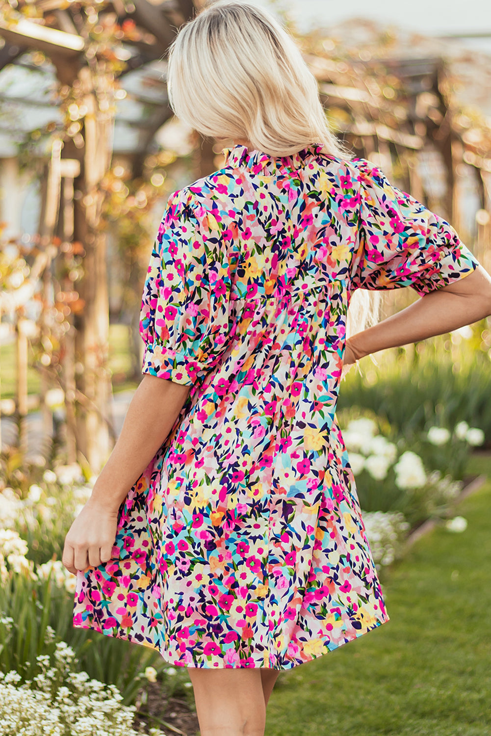 Pink Floral Puff Short Sleeve V-Neck Mini Dress