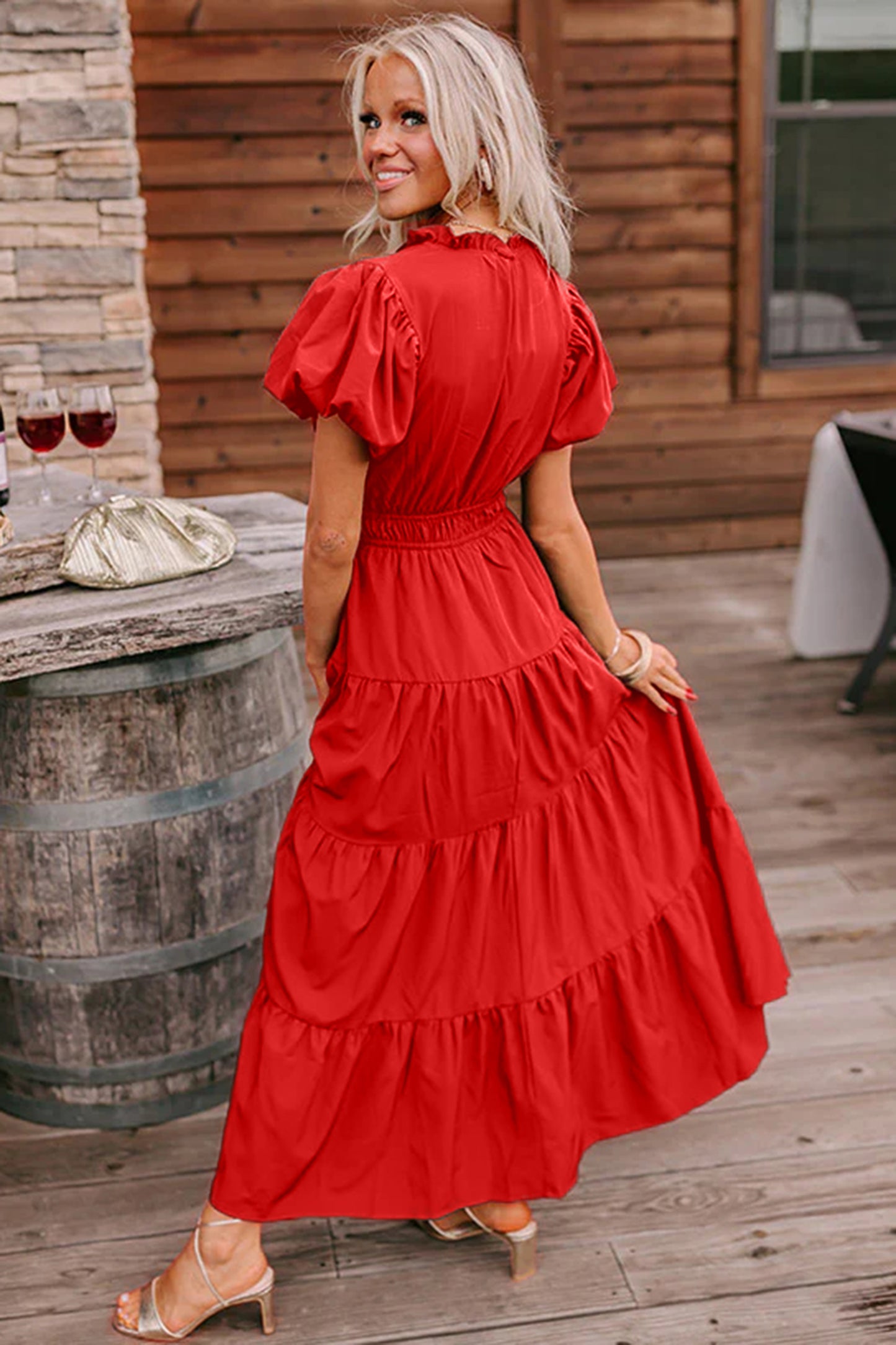 V-Neck Puff Sleeve High Waist Tiered Maxi Dress | 5 Colours | S–XL