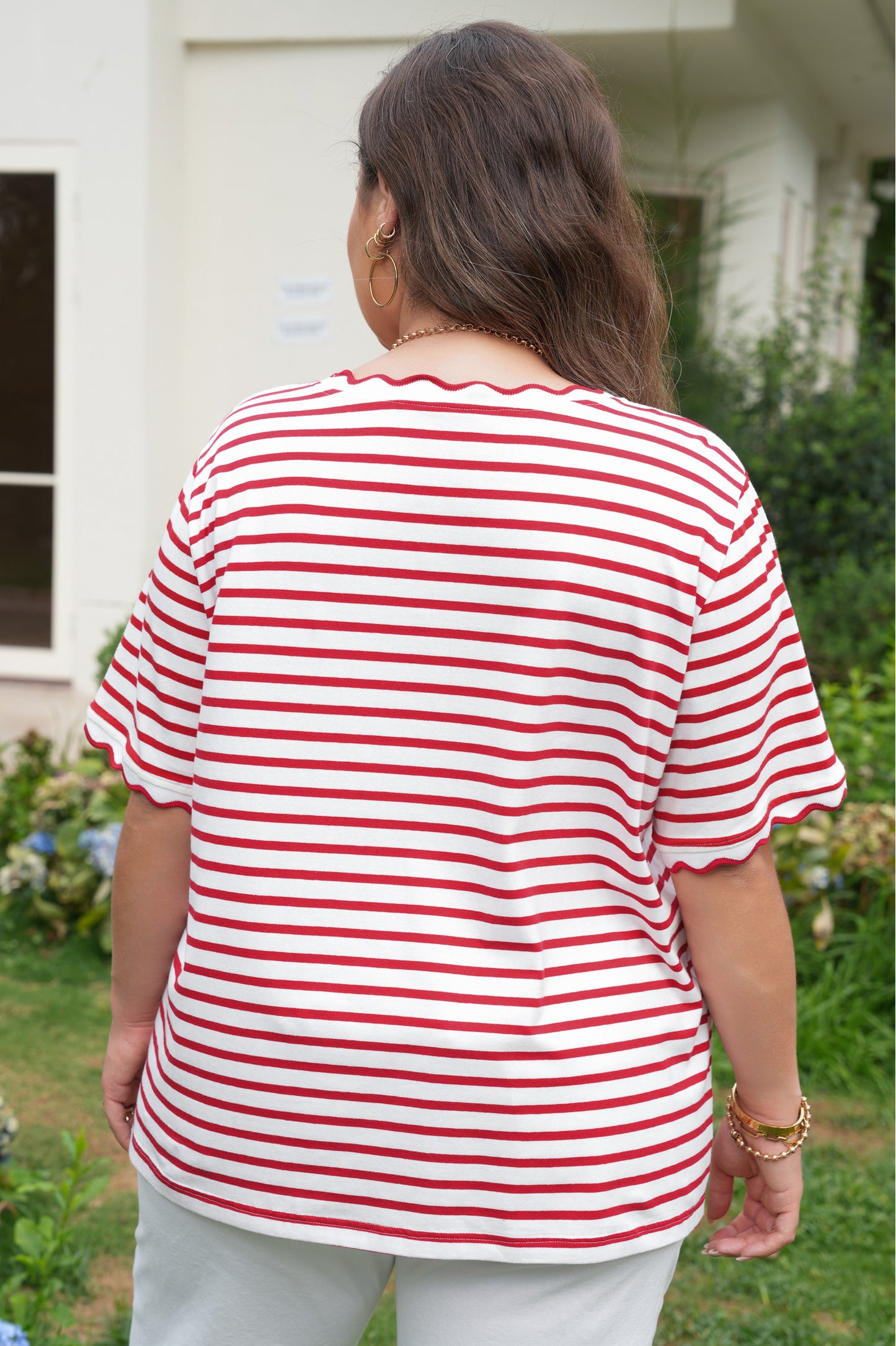 Plus Size Red Stripe Top with Scallop Detail Women 1X–4X